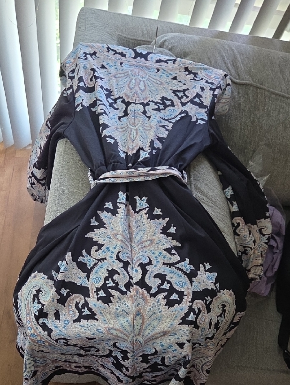 Black Paisley-Print V-Neck Boho Dress with Belt - Picture 5 of 7